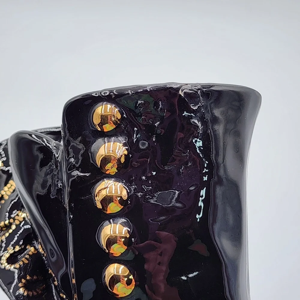 Vintage Ceramic Victorian Boot Vase Planter Black Gold Attributed Atlantic Mold